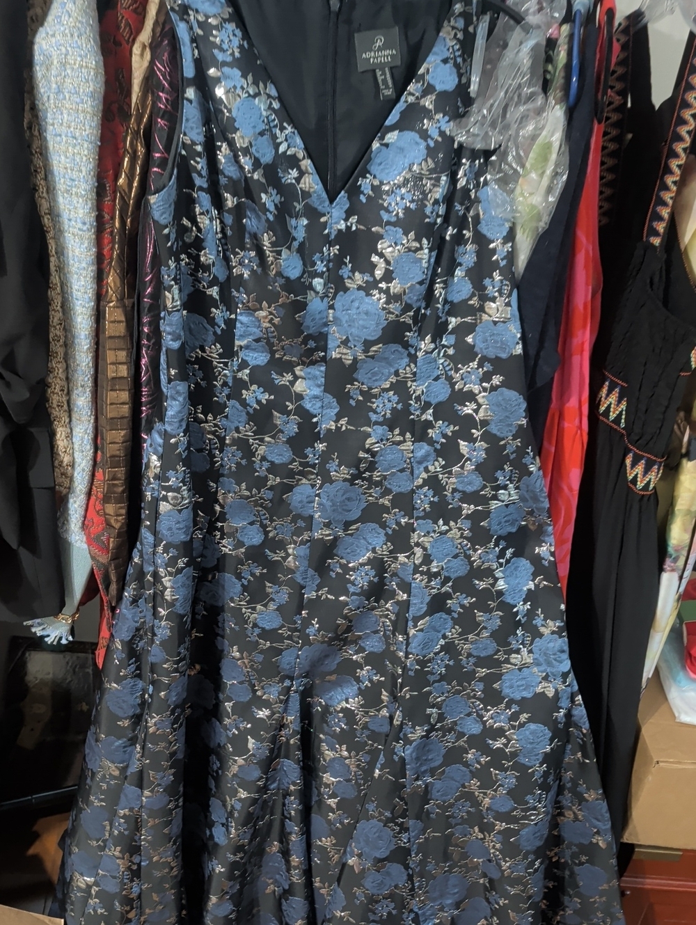Adrianna Papell Black and Blue Floral V-Neck Evening Gown
